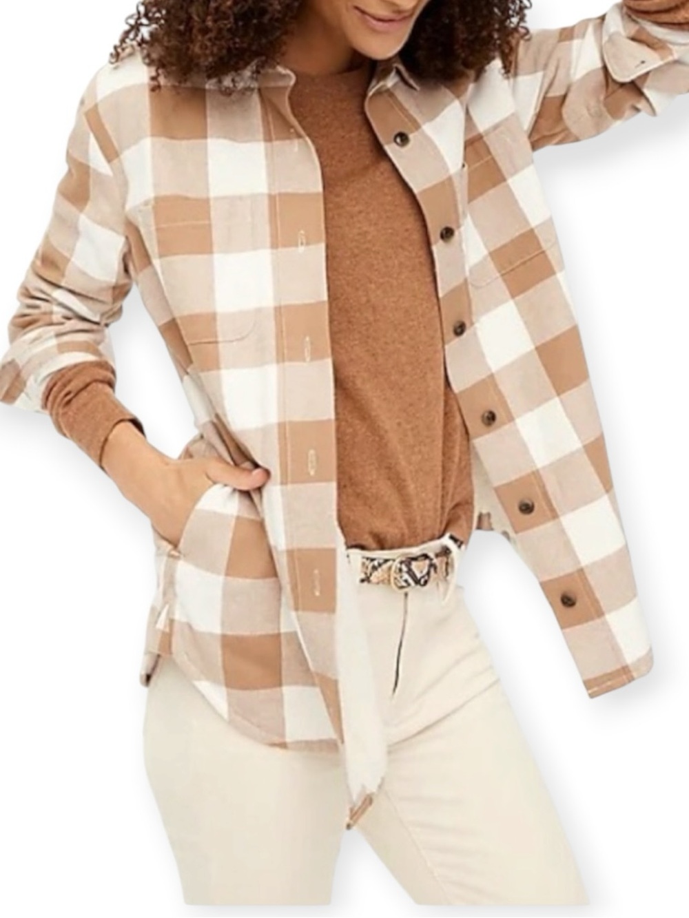 J. CREW Factory Sherpa Faux Fur Lined Shaket in Tan Plaid Size Medium